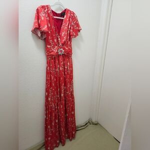 Iorane Red Flowers Long Dress  Maxi Skirt Floral V-Neck Elegant S/38 Brazil , pl